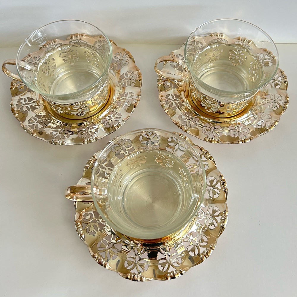 RARE Vintage E.P Brass BMF Silver Plated Cup & Saucer set of 3